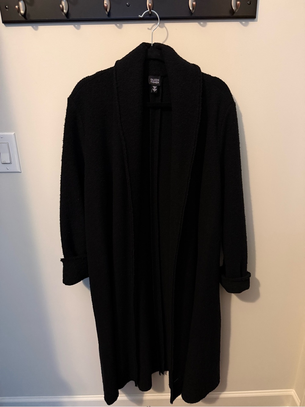 Eileen Fisher Black Open-Front Long Coat with Shawl Collar